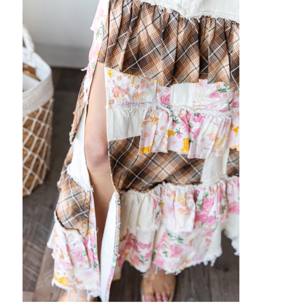 Oli & Hali Cream Patchwork Maxi Skirt with Floral & Plaid Ruffles - Picture 6 of 7